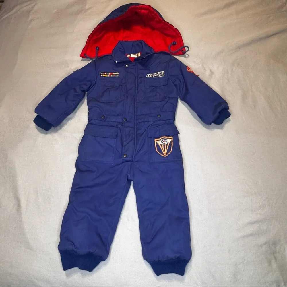 Kids Navy Blue Puffer Snowsuit with Red Lining - Air Force Patch